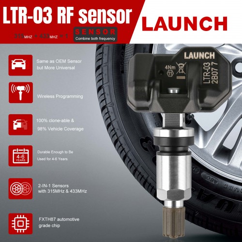[No Tax] Original Launch LTR-03 RF Sensor 315MHz & 433MHz 2 in 1 Universal Programmable TPMS Sensor (Metal Valves/ Rubber Values) 4pcs/Lot